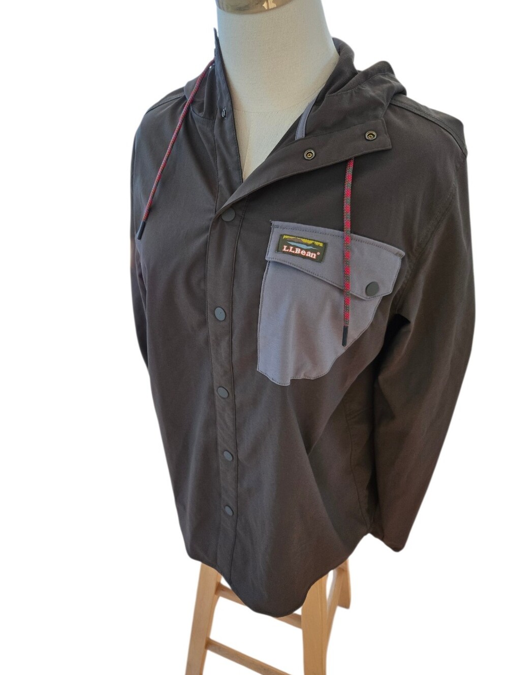 L.L. Bean Men's Dark Green Hooded Shirt Jacket with Gray Chest Pocket